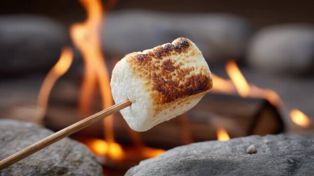 Close-up of toasted marshmallow on stick over campfire flame outdoors, camping activity, summer night cooking treat by firepit with rocks around
