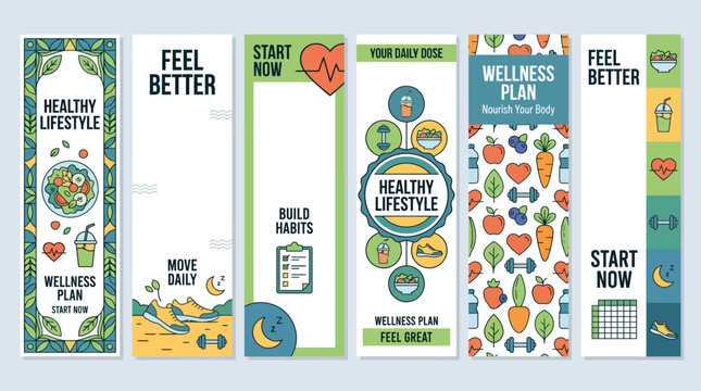 Healthy lifestyle vertical banners set, wellness plan and habit tracker web templates, flat vector illustration for fitness and nutrition apps