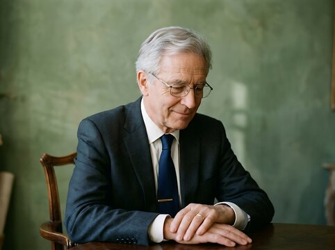 Elderly man in a suit sitting at a table looking down with his hands resting on the surface
