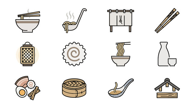 Minimalist ramen and Asian snack line icons.