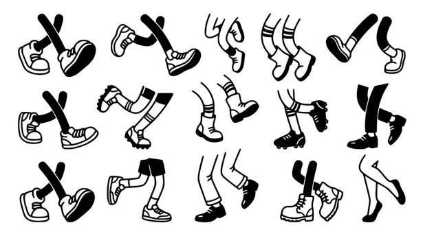 Vintage cartoon legs walking and running pattern bundle, old school comic character feet movements set, retro rubberhose style graphic assets vector illustration.