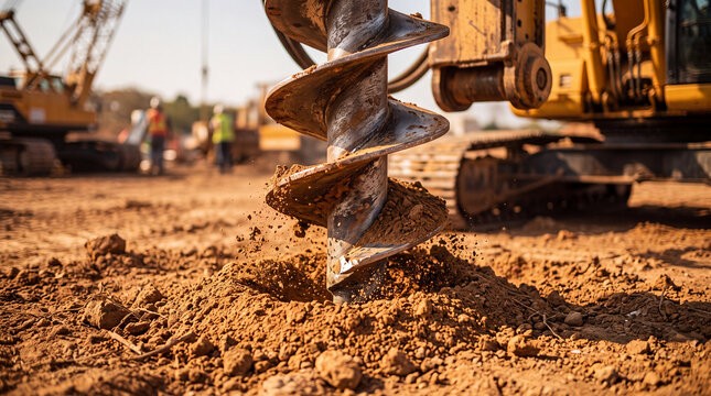 Heavy construction machinery drilling an auger into the brown dirt on a large excavation site with workers and equipment in the blurred background