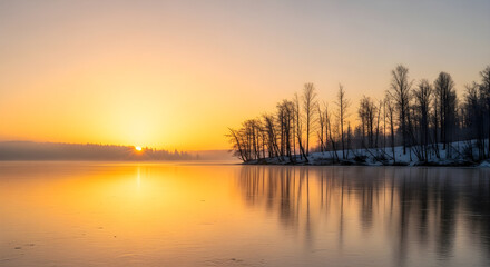 Fototapeta premium Golden sunrise over a frozen lake with trees and reflections, winter landscape scenery, nature background