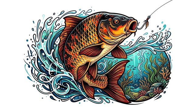 Colorful carp fish jumping out of water with fishing hook illustration