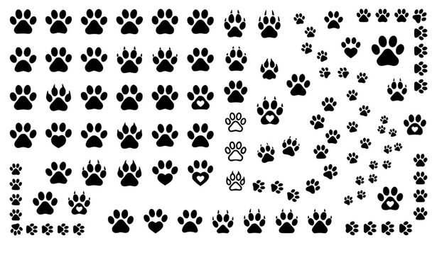 Animal paw prints silhouette icons mega set featuring pet dog cat trail tracks corner borders and decorative walking paths vector illustration