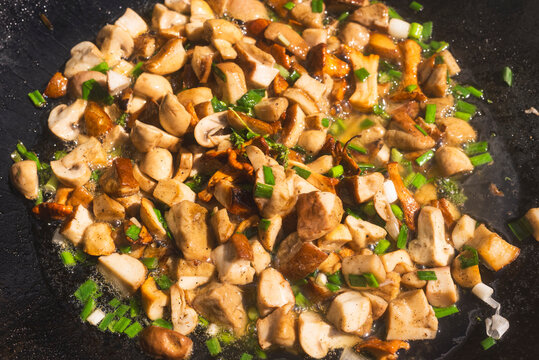 Saut&eacute;ed Sliced Mushrooms (boletus edulis, champignons and chanterelles) in a Black Bowl
