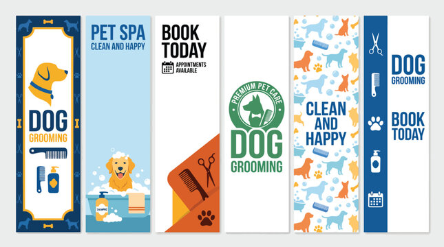 Dog grooming vertical banner set, pet spa and salon marketing templates, professional canine care service web headers with dog icons