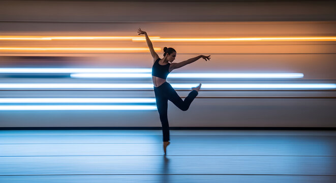 Ballet dancer in motion with blurred lights background, performing graceful dance movement in studio