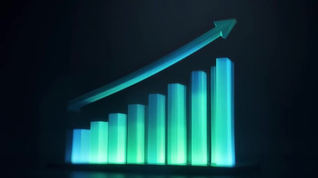 Glowing Green Bar Chart with Rising Arrow Financial Growth 3D Visualization