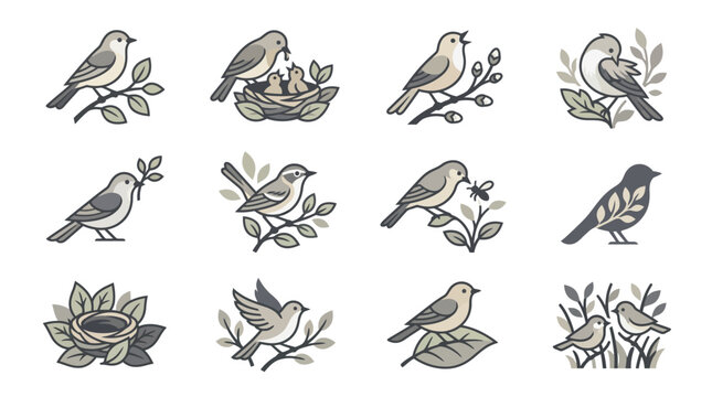Monochrome bird and nest line icon collection.