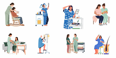 Fototapeta premium Set of medical illustrations showcasing hair growth treatments, scalp procedures, maternal care, and newborn support with healthcare professionals.