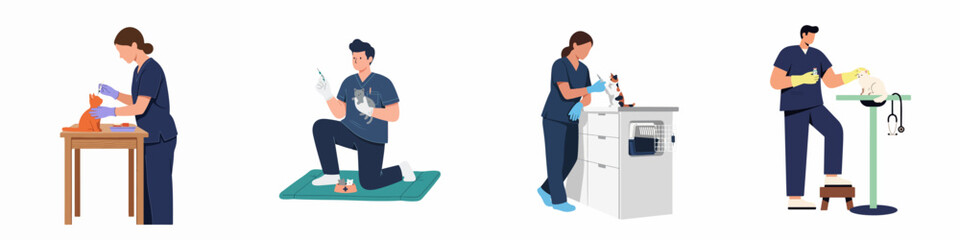 Set of vector illustrations featuring professional veterinarians in scrubs treating, vaccinating, and caring for cats and kittens in a medical clinic. © Muqodimatul