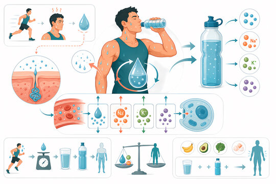 Hydration electrolytes sweat balance illustration
