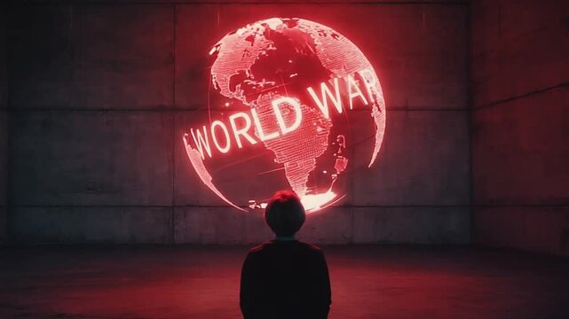 Hologram of "world war" over the globe.