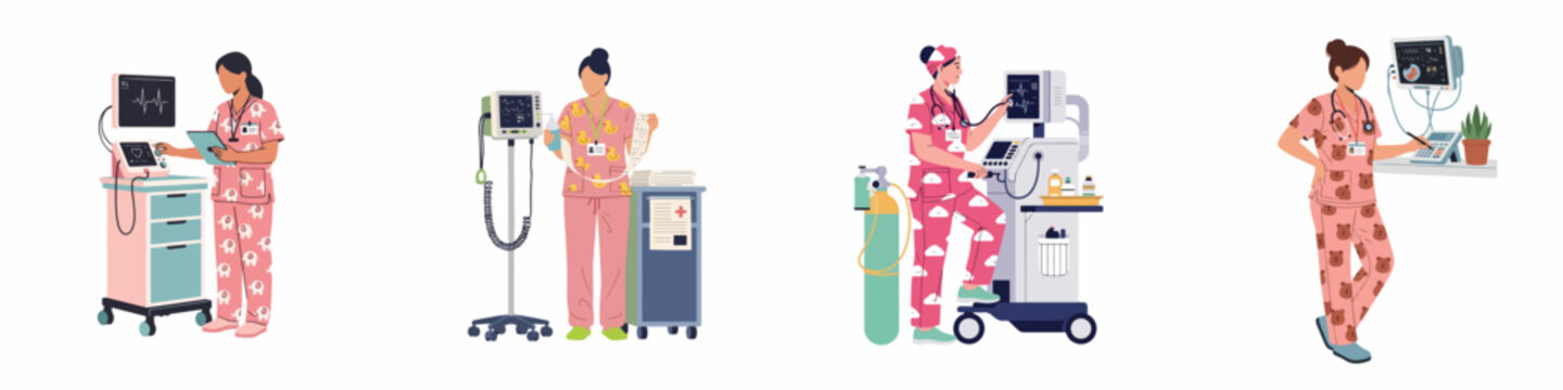 Set of diverse female pediatric nurses in cute patterned scrubs operating professional medical monitoring equipment isolated on white background vector illustration.