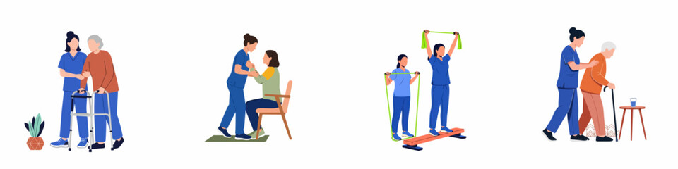 Plakat Collection of flat vector illustrations depicting physical therapists and caregivers assisting elderly patients with exercises, walking, and daily mobility activities.