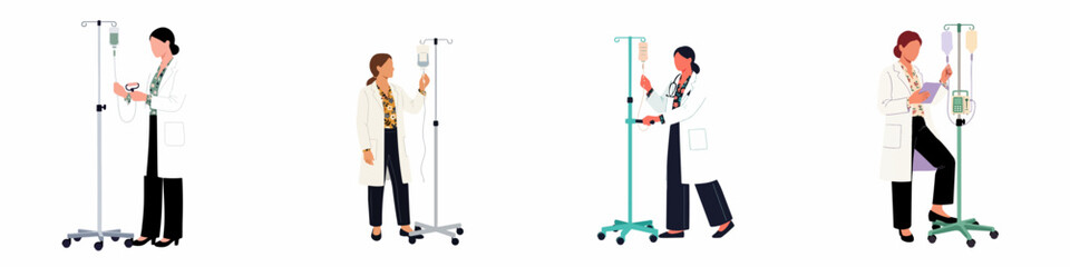 Set of flat illustrations featuring a female medical professional in a white coat managing intravenous IV drip stands in various clinical scenarios. © Muqodimatul