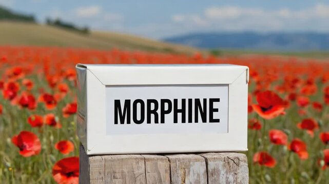 Box of morphine in a poppy field.