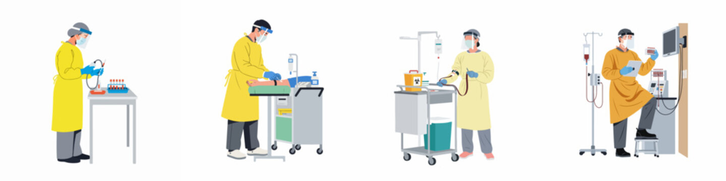 Flat vector illustrations of healthcare workers in full PPE gowns and face shields performing various medical blood tests and procedures.