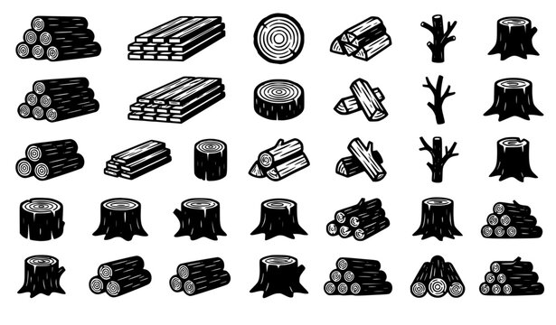 Black silhouette forestry icons grid collection isolated on white background showing lumberjack pile stacks tree stumps textured cut slices and twigs vector