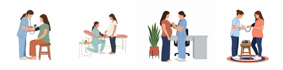Fototapeta premium Vector illustrations of healthcare professionals measuring blood pressure of pregnant women in various medical settings during prenatal checkups.