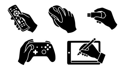 Hand holding remote control computer mouse flash drive gamepad controller and drawing on digital tablet silhouette icons set vector tech illustration © MdIbrahimIslam