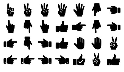 Obraz premium Hand gestures silhouette icons bundle with counting fingers thumbs up pointing directions victory sign and click communication symbols vector illustration