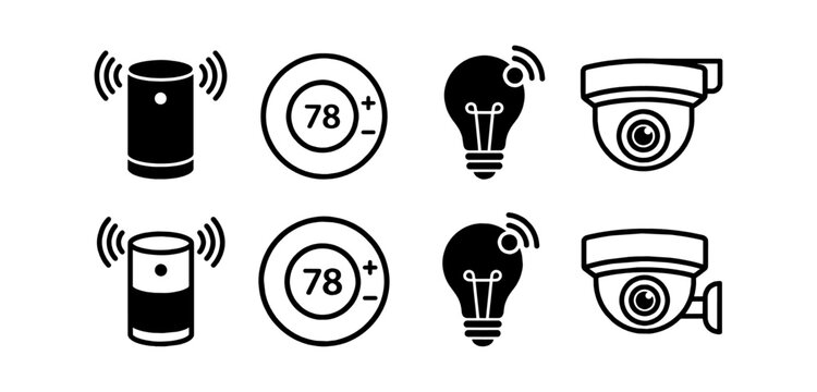 Set of smart home automation technology device icons including speaker thermostat light bulb and security camera in black and white flat style isolated on transparent background, Vector