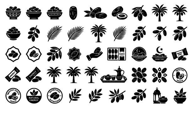 Black silhouette middle eastern sweet dates icons collection with crescent moon star lanterns pattern mandalas and natural food packaging stickers for ramadan themes