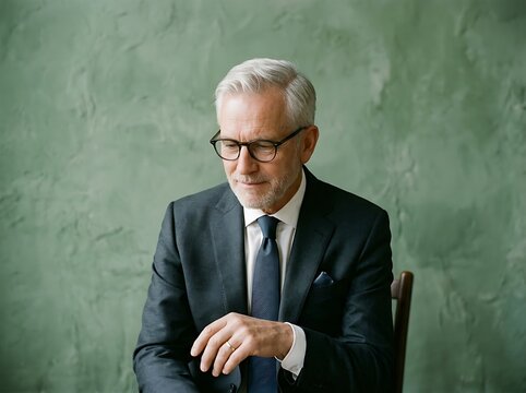 A distinguished gentleman in a formal suit and tie looks down with a thoughtful expression against a textured green background