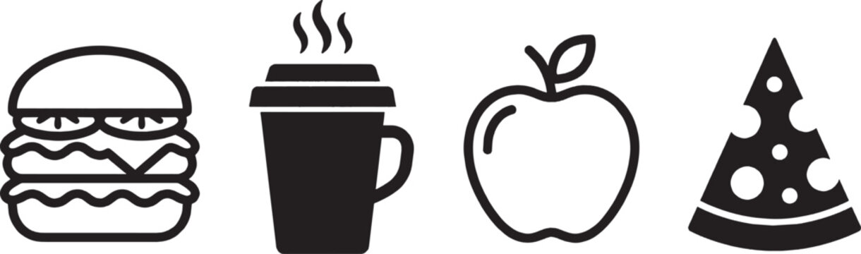 Set of black food and drink icons including a hamburger coffee cup apple and pizza slice for menu design and restaurant signage isolated on transparent background, Vector
