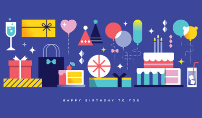 Happy Birthday banner, greeting card, invitation card, poster, cover, vector illustration with birthday cakes, drinks, presents, party hat, balloons and decorations in modern geometric style. © BrixStudioIN
