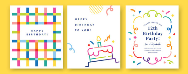Set of Happy Birthday greeting card, invitation card, poster, cover, vector illustration with birthday cake and confetti in colorful minimalist lines. © BrixStudioIN