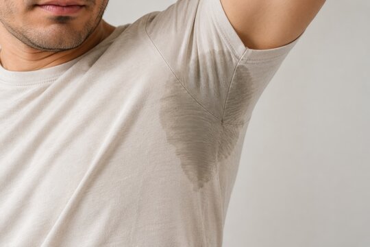 Male wearing light-colored t-shirt with visible sweat stain underarm area, close-up view highlighting fabric texture and moisture on the shirt