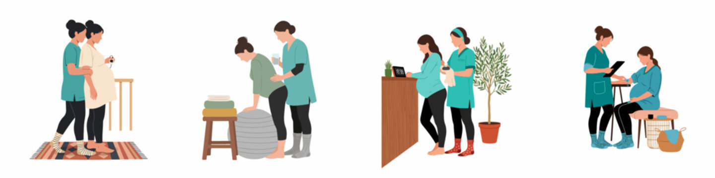 Flat illustration set of a midwife or doula supporting a pregnant woman through various stages of prenatal care and labor preparation.