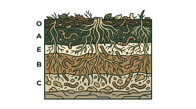 Cross section of soil layers showing roots and earthworms.