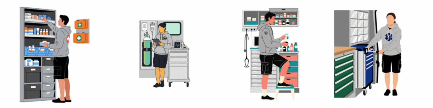 Set of flat vector illustrations depicting professional paramedics and EMTs managing medical supplies and equipment in clinical and emergency response environments.
