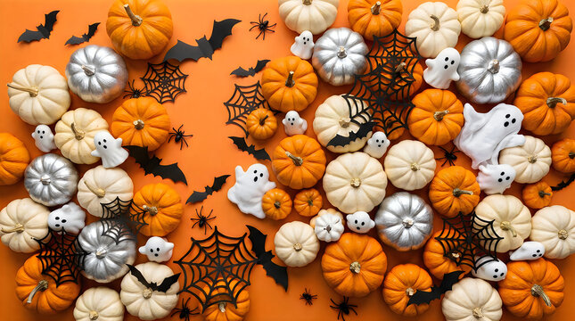 Cute halloween background with pumpkins ghosts and spiders festive fall design