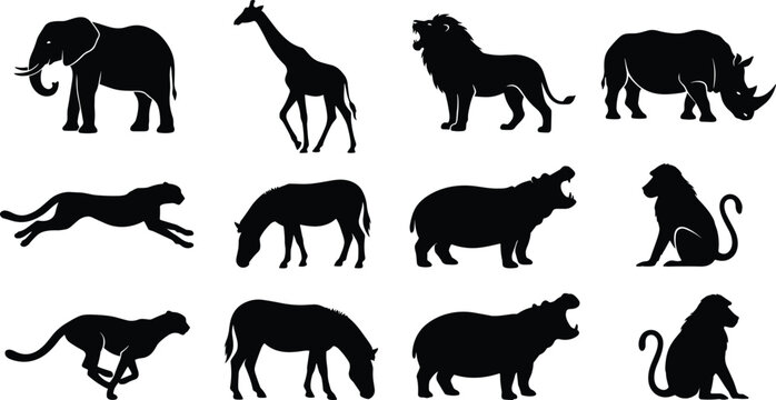 African wild animals silhouette vector set collection of safari wildlife icons isolated on white background
