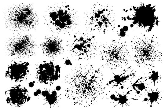 Collection of 20 unique black ink splatter designs on white background.