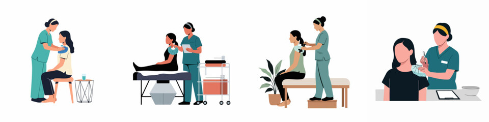 Fototapeta premium Illustrations of a nurse applying a cold pack to a patient's shoulder for pain relief and injury treatment in a medical setting.