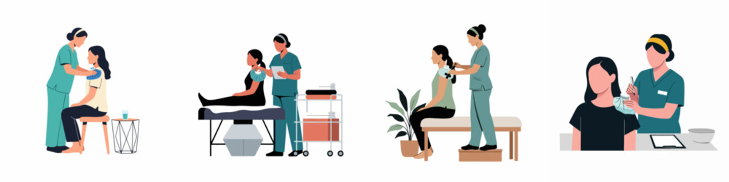 Illustrations of a nurse applying a cold pack to a patient's shoulder for pain relief and injury treatment in a medical setting.