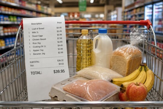 Grocery shopping cart filled with food items including bread, milk, eggs, chicken, rice, cooking oil, apples, and bananas with a receipt visible in a supermarket aisle