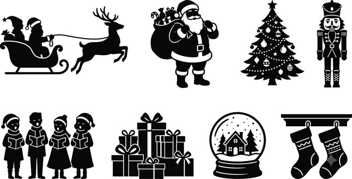 Christmas black icons and silhouettes set featuring Santa Claus Christmas tree gifts nutcracker and carollers