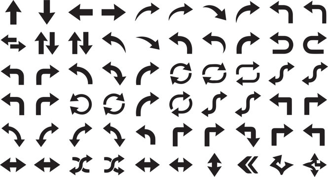 Comprehensive set of black arrow icons and navigation symbols for user interface design web application development and infographics