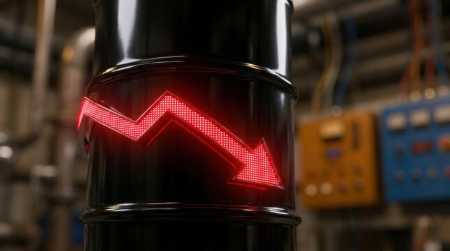 Barrel black red arrow downward graph line glowing industrial metal decline loss risk warning recession fall decrease trend