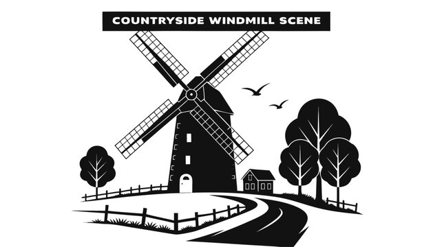 Very beautiful black and white vector of a COUNTRYSIDE WINDMILL SCENE with a bold label reading "COUNTRYSIDE WINDMILL SCENE", featuring a traditional windmill, wooden fence, grassy fields, country roa