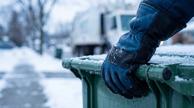 Close up of a sanitation worker wearing blue protective gloves while handling a green trash bin on a snowy street with a garbage truck in the background