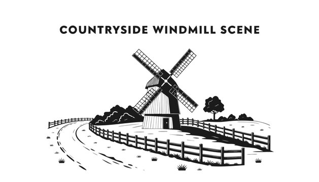 Very beautiful black and white vector of a COUNTRYSIDE WINDMILL SCENE with a bold label reading "COUNTRYSIDE WINDMILL SCENE", featuring a traditional windmill, wooden fence, grassy fields, country roa