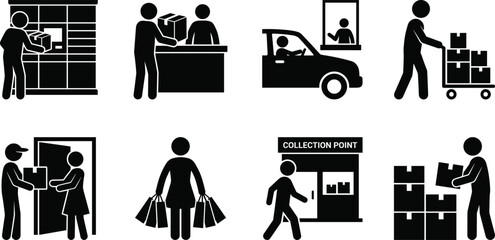 Set of parcel delivery and order pickup stick figure icons showing logistics, courier services, and click and collect methods © MstAshida